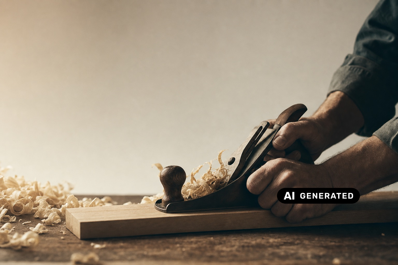 Handwerk im Detail: eine Hand hobelt ein Holzbrett (KI-generiert)